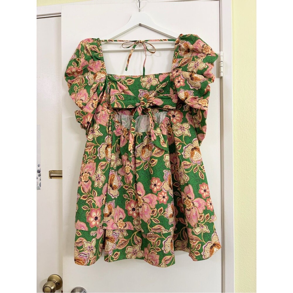 MISA Los Angeles Floral Puff Sleeve Open Back Bow Mini Dress Green Pink Size L - Picture 11 of 12